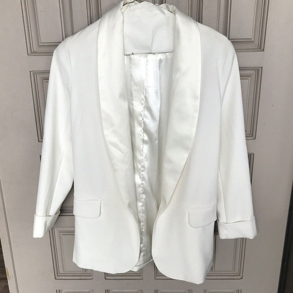 Bar111 White Tuxedo Jacket Ladies SzXS Satin Lapels Lined Pockets Open Front Use - Picture 1 of 9